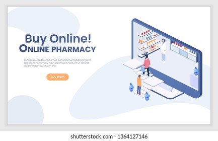 Illustration with pharmacy. Vector 3d isometric illustration. Internet drugstore. Isometric people vector. Concept business vector illustration. Web infographic icon design. Medicine bottle icon.