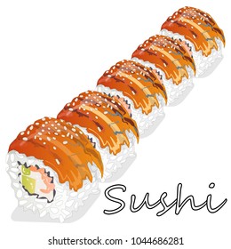 Illustration of philadelphia roll sushi with salmon, prawn, avocado, cream cheese. Sushi menu. Japanese food isolated on white