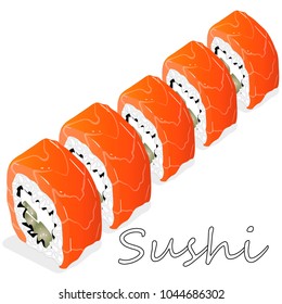Illustration of philadelphia roll sushi with salmon, prawn, avocado, cream cheese. Sushi menu. Japanese food isolated on white