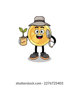 Illustration of philippine peso cartoon holding a plant seed , character design