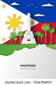 Illustration Of Philippines And Famous Landmark On Flag, Paper Art Stlye