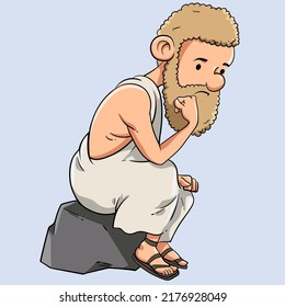 Illustration of philosopher in deep contemplation, sitting on the rock