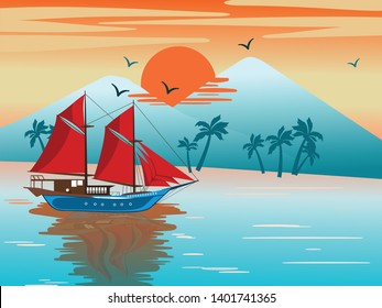 Illustration of Phinisi sailing ship on the beach. Vector illustration. Illustration of landscape, beach, island. Summer