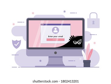 Eine Illustration von Phishing-Betrug, Hacker-Angriff auf Desktop-Computer. Hacker auf Daten, Phishing und Hacker