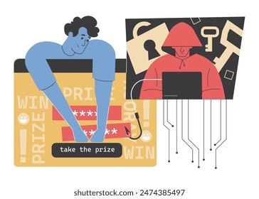 Illustration of a phishing scam with a hacker and a victim entering a password on a fraudulent site. Highlights the dangers of online fraud, cybercrime, and the importance of internet security.