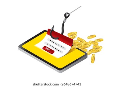 Illustration of a phishing scam on a tablet showing login form and falling coins, symbolizing online security threats and financial risks. Cybersecurity concept