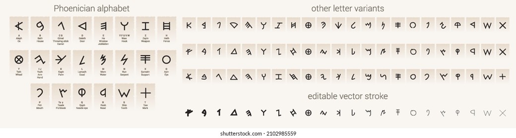 Illustration of Phoenician Alphabet, Editable Stroke, and Other Letter Variants