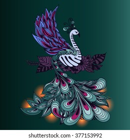 Illustration of Phoenix Bird. Fire bird with lights on its tale.