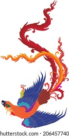 Illustration phoenix in Persian painting. Traditional Phoenix bird that is flying. Hand Drawn colorful Phoenix on white background.