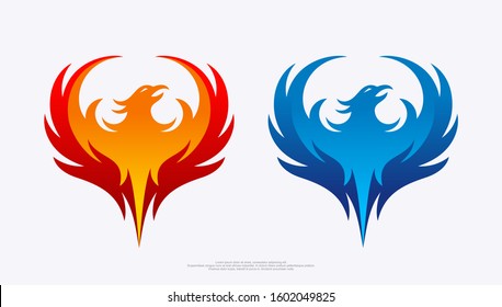 Illustration of a phoenix with a red and blue color theme