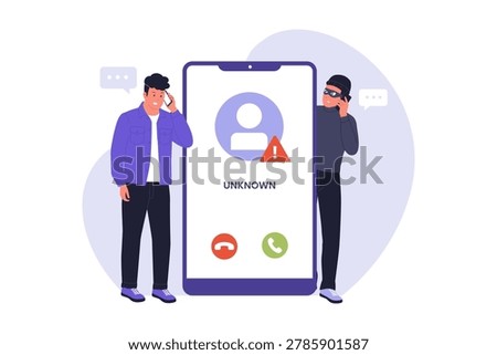Illustration of Phone Call Scam and Anonymous Hacker Threat. An anonymous hacker lurking behind a smartphone screen to trick a shocked man, representing phishing and phone call scam danger