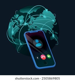 Illustration of phone calls around the world. The globe and the connection between countries