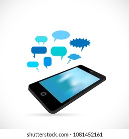 Illustration of a phone and chat bubbles isolated on a white background.
