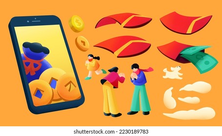 Illustration of phone with lucky bag and coins on screen, adults greeting to each other, bending red envelopes, white puppy, and clouds isolated on orange background