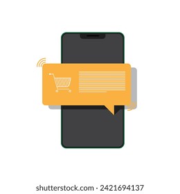 Illustration of a phone with a message about products and purchases and a shopping cart icon, Concept of online customer service, information about products delivery or an online store cart.