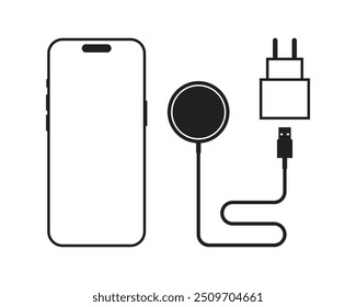 Ilustração de ícones de telefone, carregador wireless e adaptador de energia em um fundo branco.