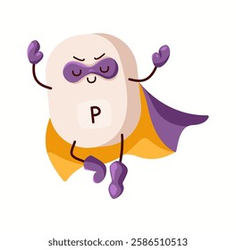 Illustration of a phosphorus superhero character with a relaxed meditative pose, symbolizing its role in energy production and bone health.