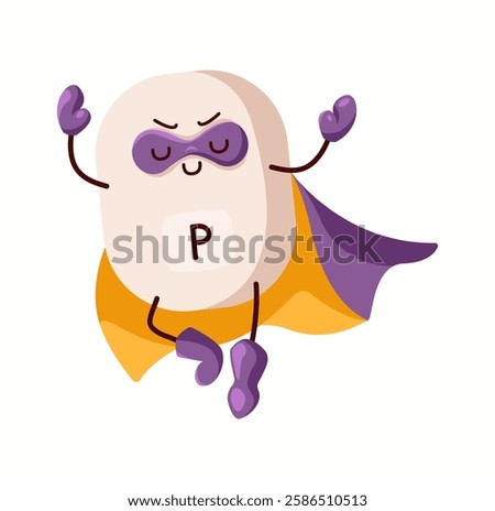 Illustration of a phosphorus superhero character with a relaxed meditative pose, symbolizing its role in energy production and bone health.