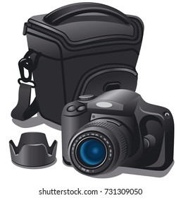 illustration of photo camera and case on white background