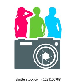 Illustration of photo camera icon with lens aperture and women silhouettes