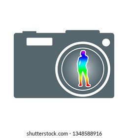 Illustration of photo camera icon with lens aperture and woman silhouette