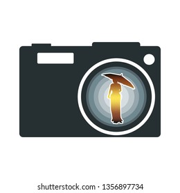 Illustration of photo camera icon with lens aperture and woman silhouette