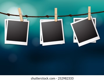 Illustration of photo frame hanging with blue background