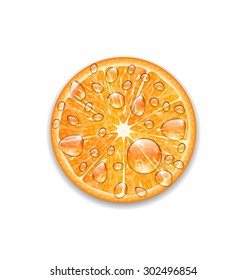 Illustration Photo Realistic Slice of Orange with Transparent Droplets, Isolated on White Background - Vector