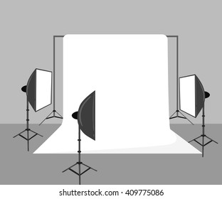 illustration with photo studio equipment  Photo studio setup with lights and camera. Vector illustration. 