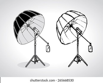 illustration of photo studio umbrella on stand with a black outline isolated on white