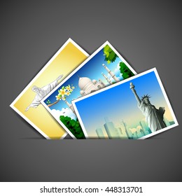 illustration of photograph of different travel place with famous monument