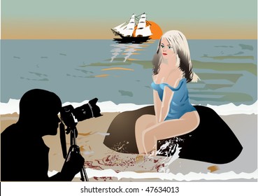 illustration with photographer and photo model near sea