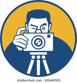 Illustration of a photographer shooting dslr camera front view set inside circle done in retro style.