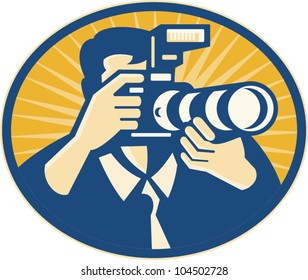 Illustration of a photographer shooting DSLR camera with flash and zoom lens set inside ellipse done in retro style.