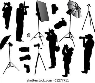 illustration with photographer silhouettes isolated on white background