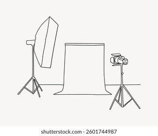 Illustration of a photography studio setup with a backdrop, lighting equipment, and a camera on tripods. Simple line art of a studio setup. Doodle illustration vector.