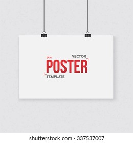 Illustration of Photorealistic Vector Poster Template. Realistic Horisontal Poster with Clips on a Textured Wall