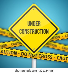 Illustration of Photorealistic Website Under Construction Vector Sign with Police Do Not Cross Caution Line