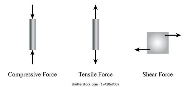 Illustration of physic. Types of forces are including compressive, tensile, and shear forces. It shows the direction of these three forces.