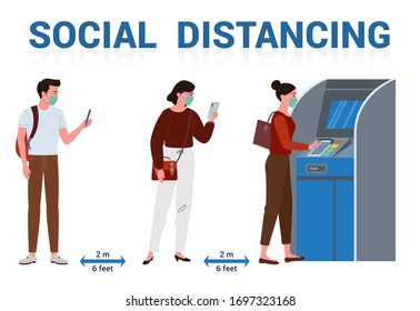 Illustration of physical distance performed by several people who wear a mask while queuing and transacting using automatic teller machines.