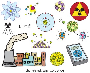 Illustration of Physics - atomic nuclear energy - hand-drawn symbols