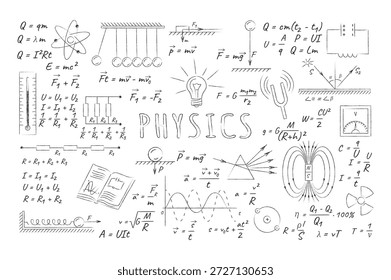 Illustration of physics concepts in black and white. Showcases formulas and diagrams used in education. Useful for academic materials and presentations.