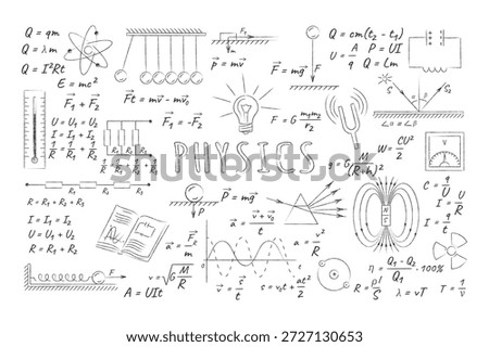 Illustration of physics concepts in black and white. Showcases formulas and diagrams used in education. Useful for academic materials and presentations.