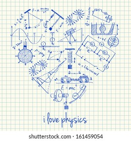 Illustration of physics doodles in heart shape