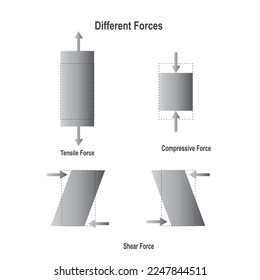 illustration of physics. types of forces are including compressive, tensile and shear forces. It shows the direction of these forces.