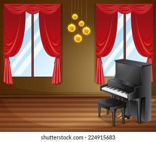 Illustration of a piano in a ballroom