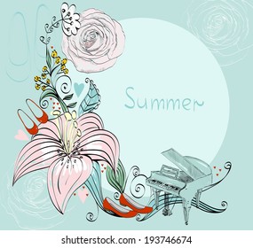 illustration of a piano and blooming summer flowers