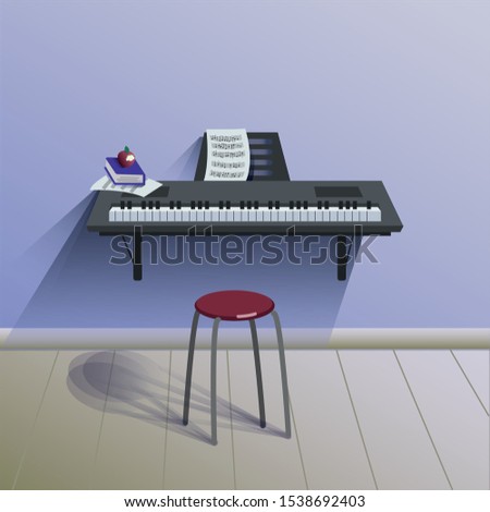 Illustration of a piano with books, notes, apple and a chair, A room of pianist