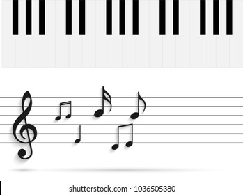 Illustration of piano keys and music notes 
isolated on a white background.