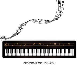 Ilustración de un piano y notas musicales